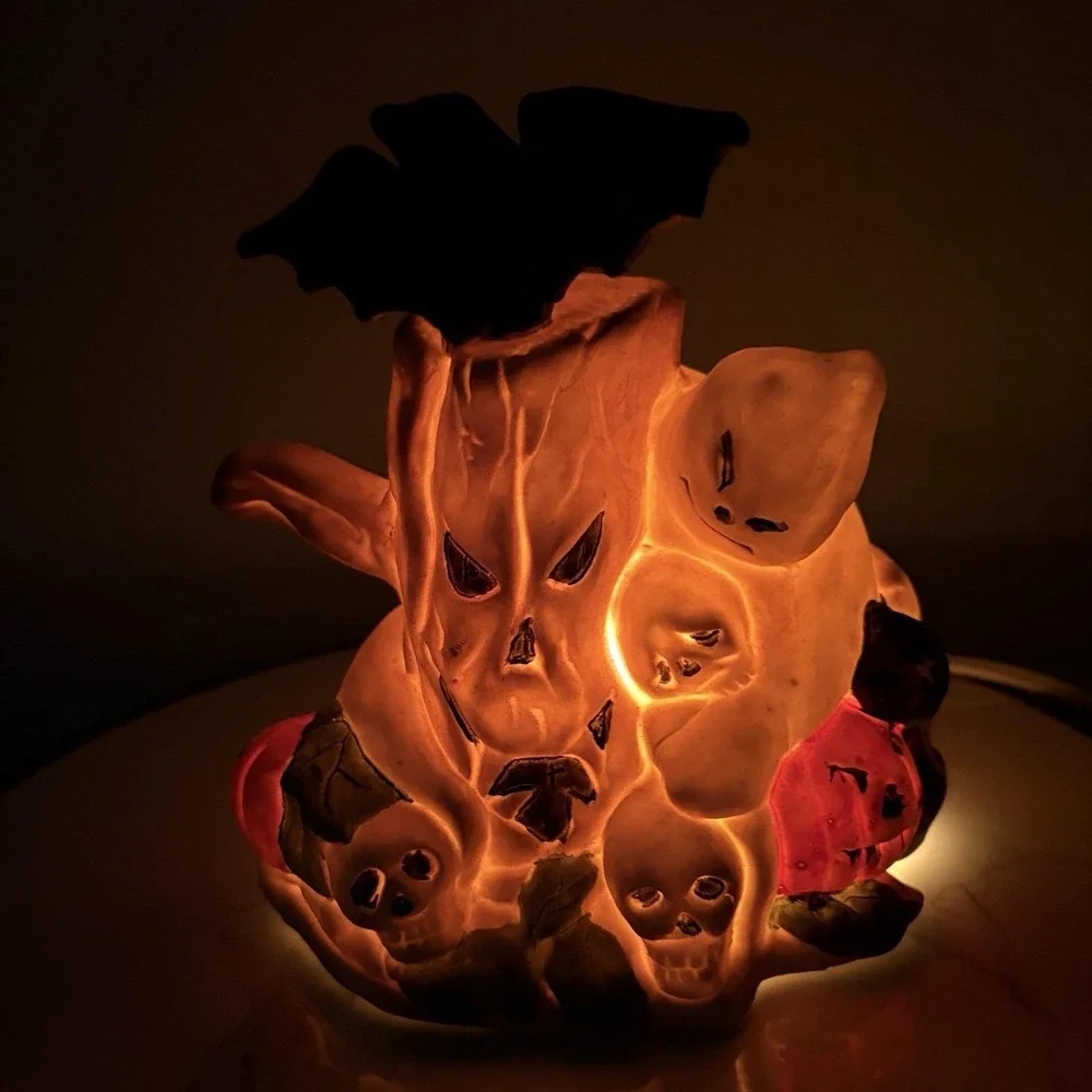 Vintage Halloween Tree Porcelain Night Light Pumpkin Skull Crow Works